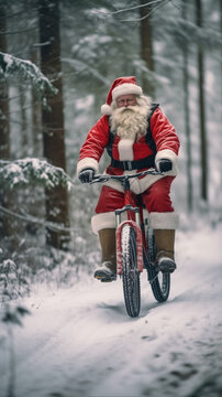 9:16 Photography Big muscular Santa Claus is Riding a bicycle to deliver gifts on Christmas Day.generative ai
