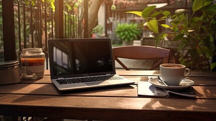 Fototapeta premium Cropped image of net book with screen laptop coffee and juice on cafe table