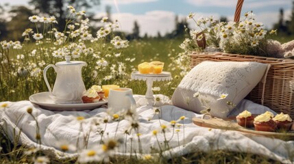 Eco friendly summer picnic in a chamomile field with fruits lemonade and vegan dessert