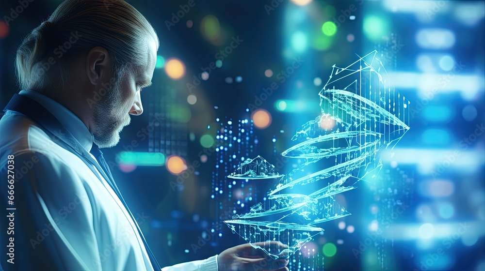 Poster doctor analyzing human dna using a tablet with virtual interface illuminating abstract genetic mater