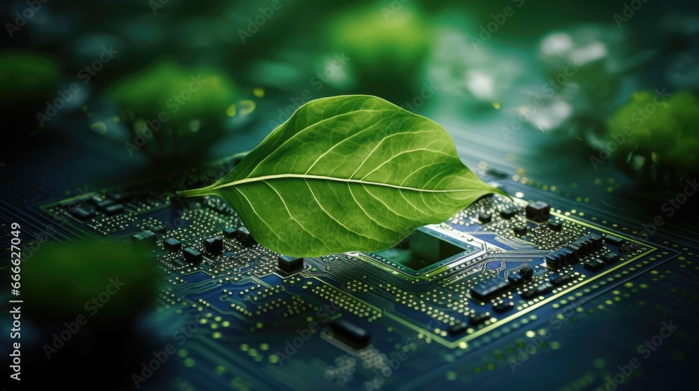 Aufkleber Connecting nature and technology through green computing IT ethics and green technology on a computer circuit board