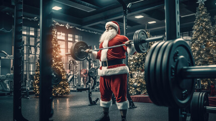 16:9 Photography Big muscular Santa Claus is Lift weights and exercise in preparation for sending gifts on Christmas Day.generative ai - obrazy, fototapety, plakaty
