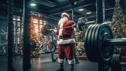 Papier Peint photo autocollant Fitness 16:9 Photography Big muscular Santa Claus is Lift weights and exercise in preparation for sending gifts on Christmas Day.generative ai