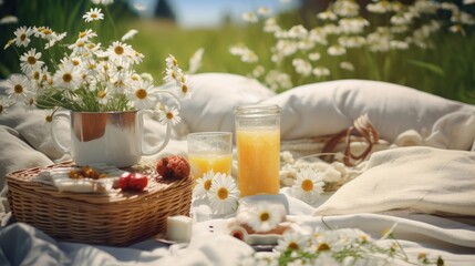Fototapeta na wymiar Eco friendly summer picnic in a chamomile field with fruits lemonade and vegan dessert