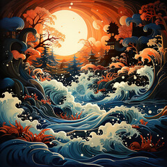 Japanese style sea wave graphics