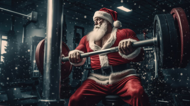 16:9 Photography Big muscular Santa Claus is Lift weights and exercise in preparation for sending gifts on Christmas Day.generative ai