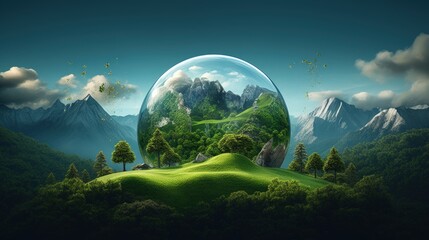 Fantasy island floats with Earth globe trees mountains on grass surface Ad for creative travel and holidays - obrazy, fototapety, plakaty