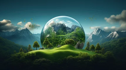 Glasschilderij Blauwgroen Fantasy island floats with Earth globe trees mountains on grass surface Ad for creative travel and holidays
