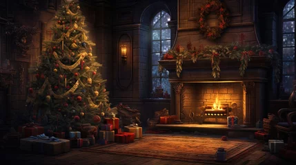 Foto op Canvas Dark night filled with magic as gifts surround a glowing Christmas tree by the fireplace © vxnaghiyev
