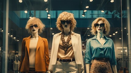 Fashionable clothes displayed on female mannequins in shop window