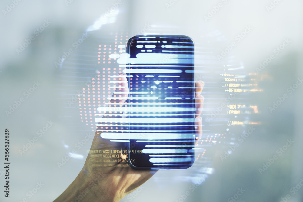 Poster double exposure of abstract programming language hologram with world map and hand with cell phone on