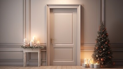 Decorated door and Christmas gifts create a stylish hallway Space for text included