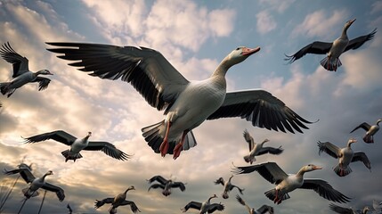 Obraz premium Geese flying freely in the sky a gathering of wildlife birds