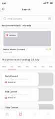 Concert, Music festival, Act, performance, jam session and Events Ticket App UI Kit Template