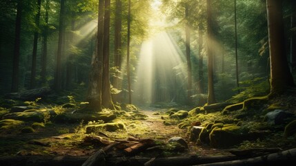 Gorgeous forest scenery with a glowing light beam and a background of wood - obrazy, fototapety, plakaty