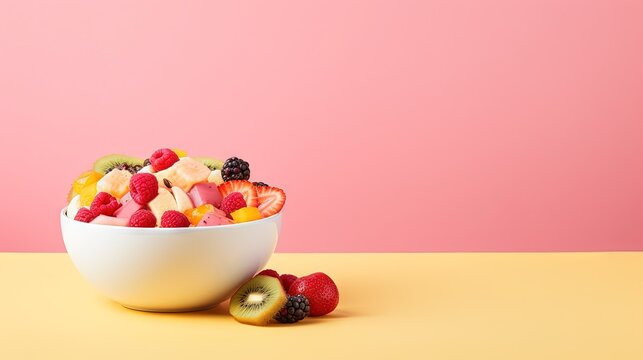 Fruit salad in cup on pink background space for text