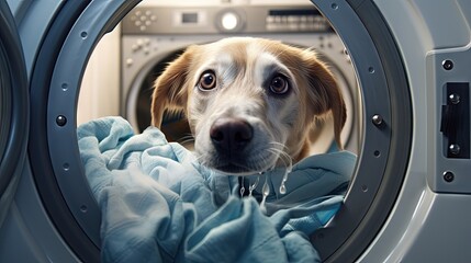 Dog s face appeared in washing machine Top notch dry cleaning and laundry service - obrazy, fototapety, plakaty