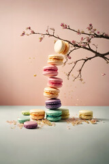 Bright pastel dessert design made from colorful French macarons scattered and floating with sakura tree branch. Creative cookie aesthetic.