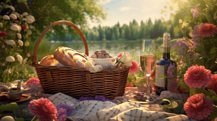 Enjoying a charming outdoor meal complete with a picnic basket filled with delicious treats...