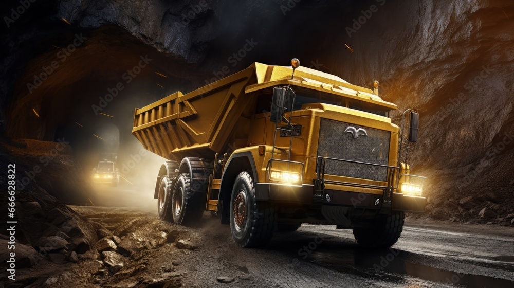 Poster Gold mining industry with open pit mines and large yellow trucks transporting gold on mining routes