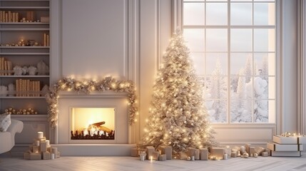 Cozy modern room with Christmas tree fireplace and lovely decor