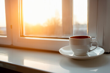 A morning cup of coffee stands on the windowsill against the backdrop of dawn.
