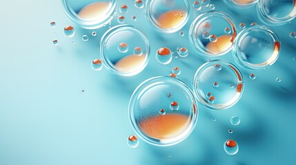 Cosmetic research concept with serum on light blue petri dishes - obrazy, fototapety, plakaty
