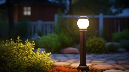Glowing lamp in backyard garden outdoor lighting theme - obrazy, fototapety, plakaty