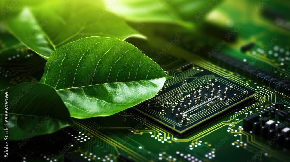 Poster Connecting nature and technology through green computing IT ethics and green technology on a computer circuit board