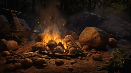 Cooking a potato over a campfire in the wilderness
