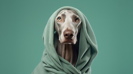 Dog grooming with freshly bathed Weimaraner in white bathrobe and towel on head looking to side against green studio background symbolizing love animal health care friendship ad - obrazy, fototapety, plakaty