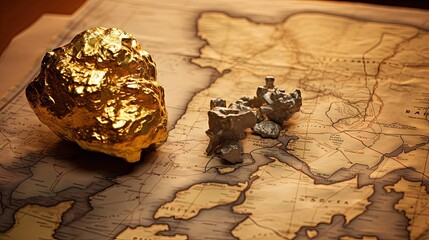 Gold nugget on vintage African map in close up