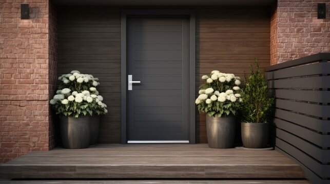Fototapeta Grey modern garage door two large flower pots cascading flowers brown wooden stairs black panel door grey brick exterior wall