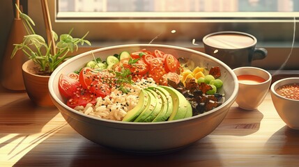 Enjoy a nutritious meal in a restaurant with vegan options including a delicious poke bowl and fresh veggies for a keto diet