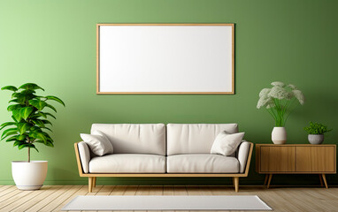  Warm and Cozy Composition of spring living room interior with mock - up poster frame, wooden sideboard, white sofa, green stand, base with leaves, plants, and stylish lamp, Home Decor,