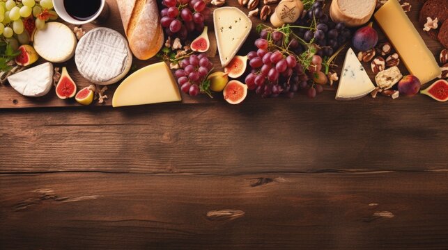 French tasting party with assorted cheeses wine baguettes fruits snacks on rustic table