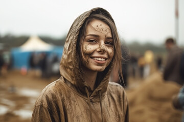 Smiling girl wearing a dirty hoodie on a open air event