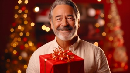 Festive Portrait of Joyful Man with Christmas Surprise on Radiant Crimson Background - Celebrating Yuletide, Gift-giving, Season's Greetings, and Happy Holidays