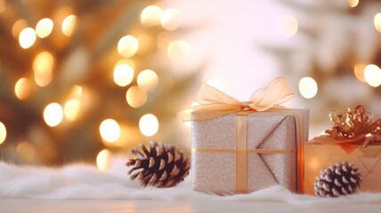 Festive Yuletide Scene - Presents, Evergreen Boughs, and Twinkling Lights Create a Joyful Christmas Ambiance