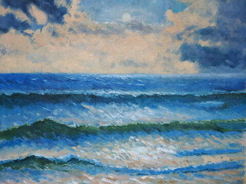 Oil painting of the sea after a storm. The ocean before the storm. Illustration with a seascape