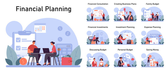 Financial planning set. Personal and family budget development, expense