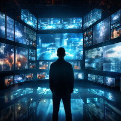 Silhouette of a man watching walls of monitors and screens.