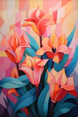 Tulips flower oil painting in Cubism style, modern, and contemporary art, suitable for wall art decoration, print design, and art posters