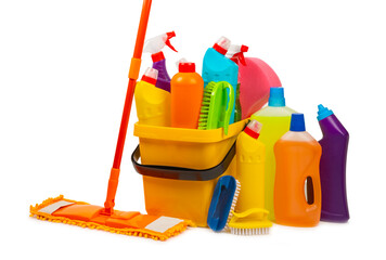 Plastic mop and bucket with cleaning supplies isolated on white background. Bottles with various detergents.Cleaning agent for windows, floor,toilets and plumbing fixtures.Cleaning of home and offices