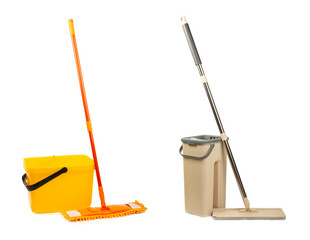 Plastic mop with bucket isolated on white background. Mop for cleaning the floor. Cleaning concept. Cleaning the premises.