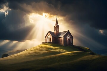 Church on the hill in stormy weather illuminated with godly light. AI generated. - obrazy, fototapety, plakaty