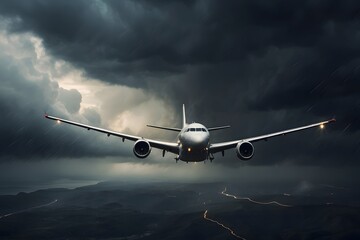Airplane flying through the storm cloud over the valley.  AI generated.