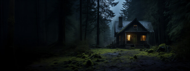 A Lone Cabin in the Woods. Space for text. Generative AI