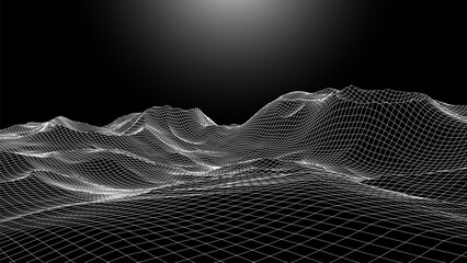 Digital mountain wallpaper. Futuristic modern landscape texture on the dark, gradient sky background. Big data visualization. Vector illustration.