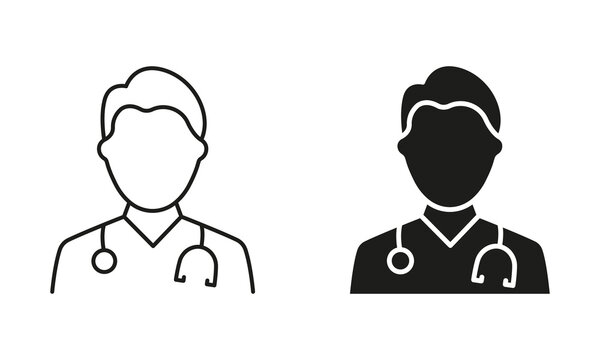 Professional Doctor Man with Stethoscope Line and Silhouette Black Icon Set. Medical Specialist Symbol Collection. Male Physicians, Medic Assistant Pictogram. Isolated Vector Illustration